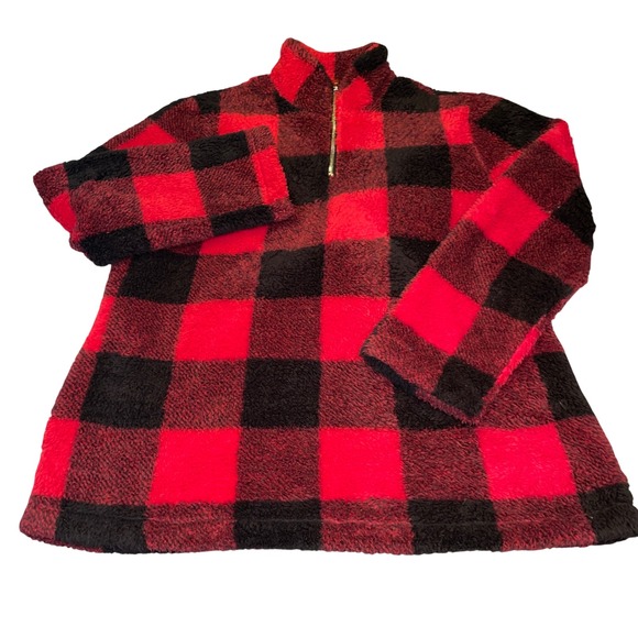 Ethyl Clothing Tops - Ethyl Clothing Gorpcore Winter Pullover Women XL Red Black Buffalo Plaid Sherpa